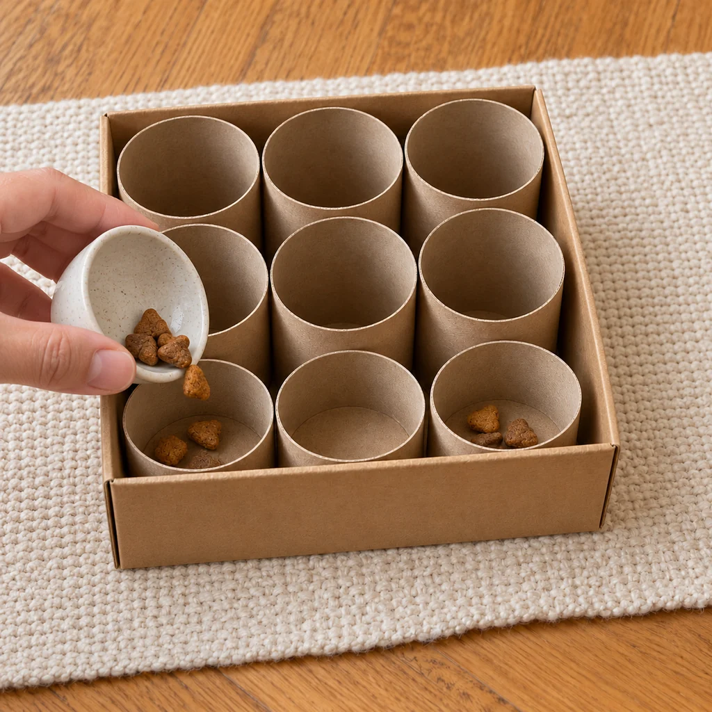 Measured dry cat food added to two short front tubes in a snug nine-tube feeder
