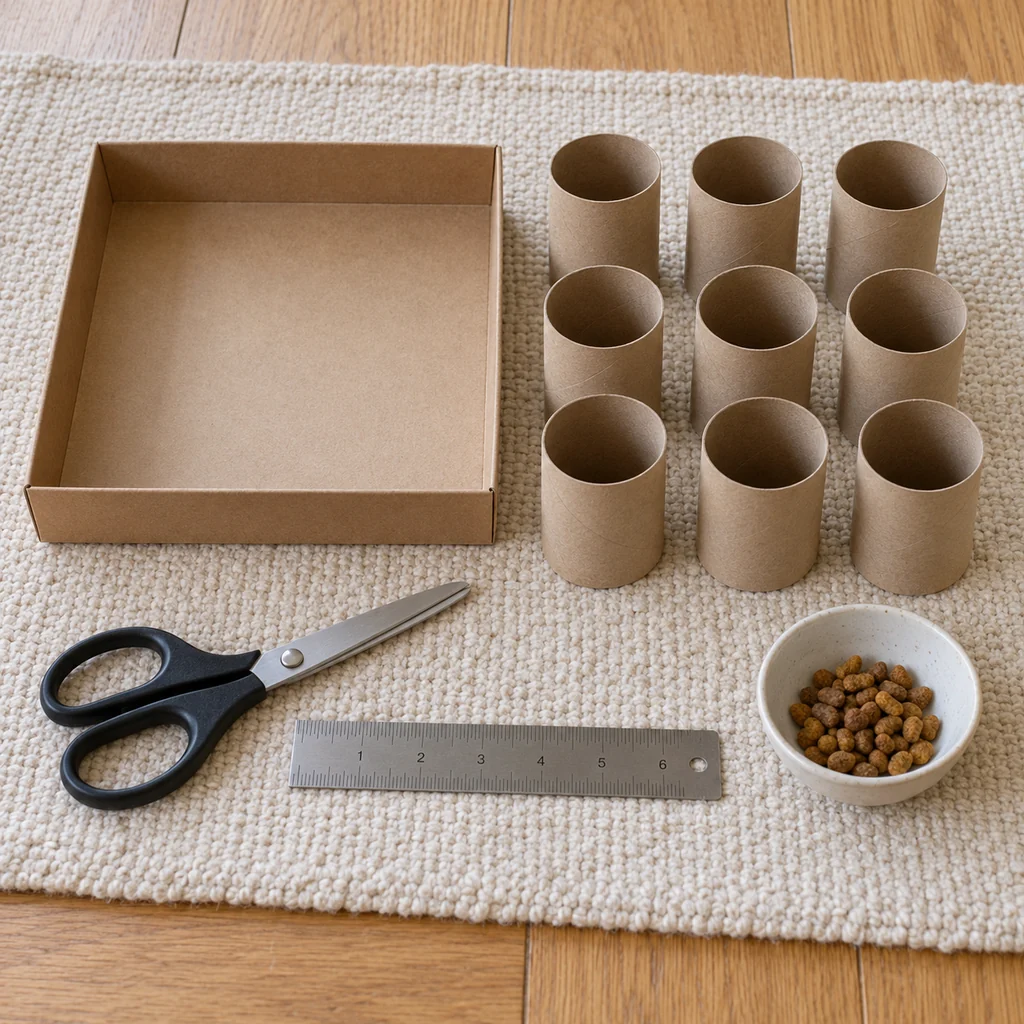 Shallow cardboard tray, nine plain tubes, scissors, ruler, and dry cat food for a no-glue feeder