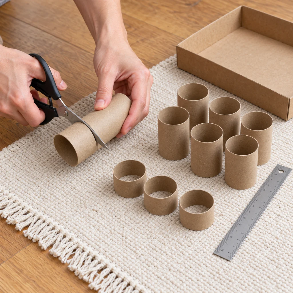 Cardboard tube being trimmed beside three short and six tall tube sections