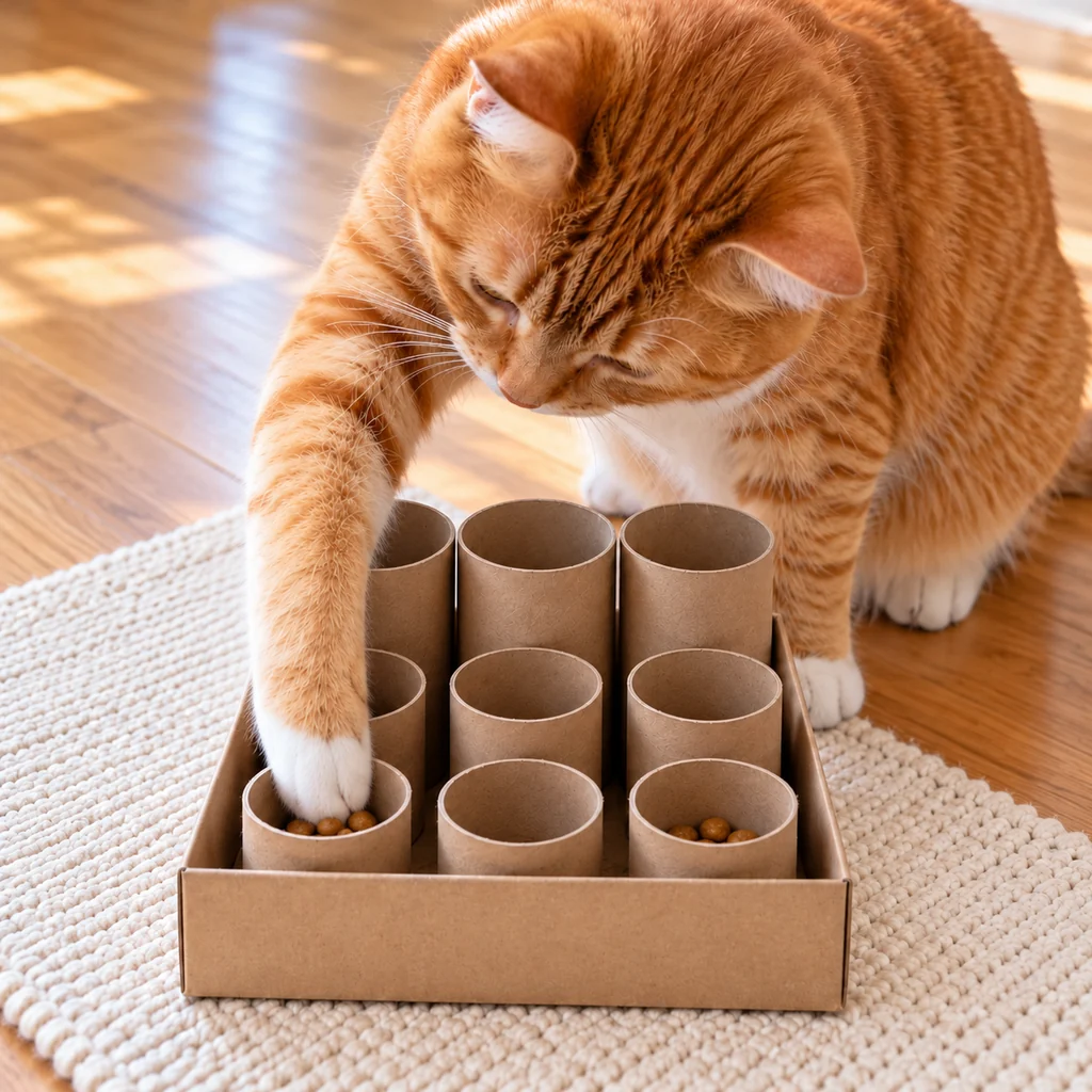 Orange tabby cat gently fishing kibble from a short tube during a supervised first session