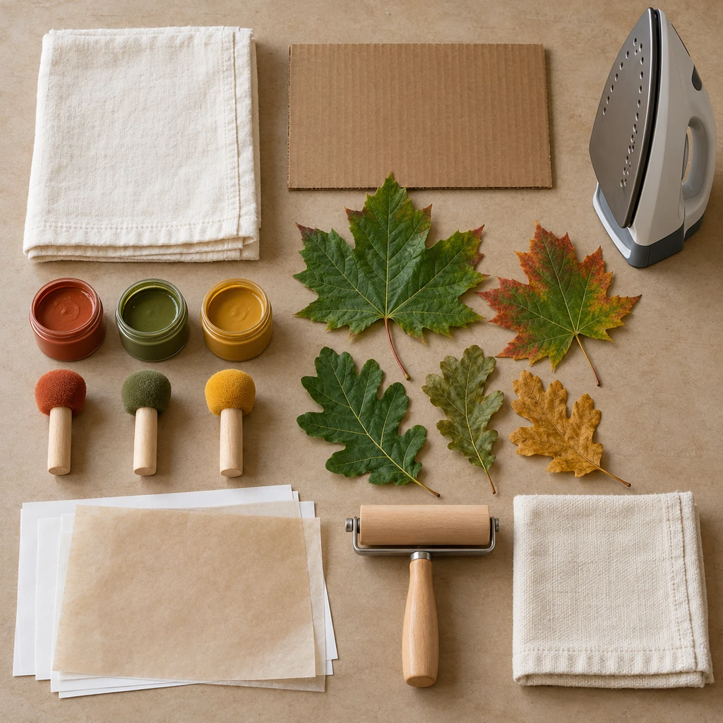 Materials for printing real maple and oak leaves onto cream cotton tea towels