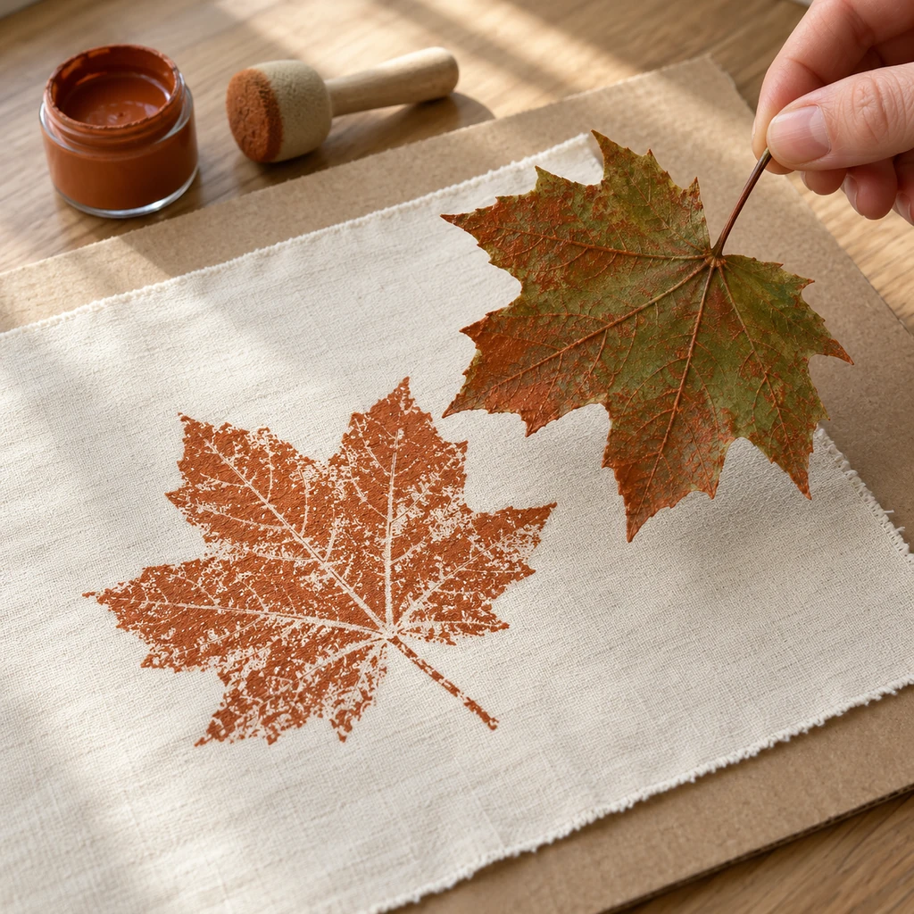Rust maple leaf test print on cream cotton beside the matching painted leaf