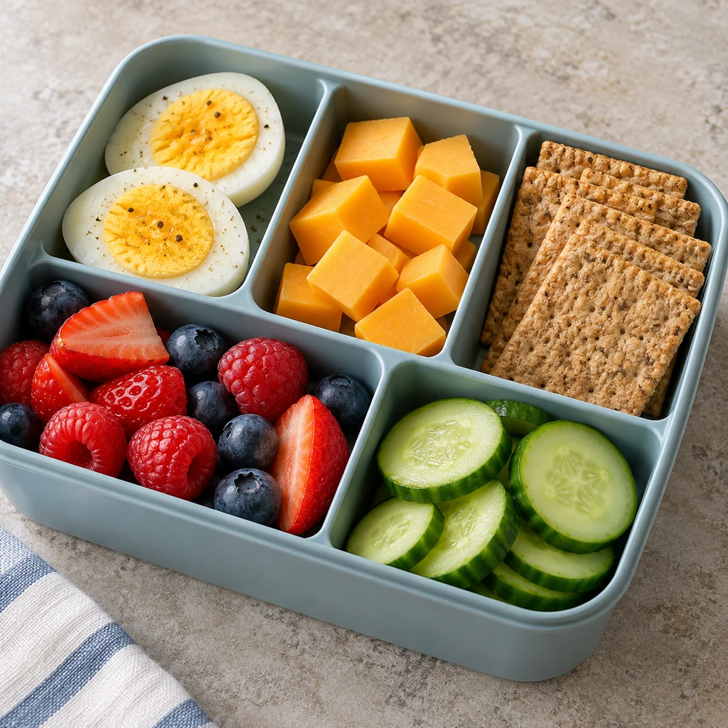 Hard-boiled egg halves, cheddar cubes, whole-grain crackers, berries and cucumber in a school snack box