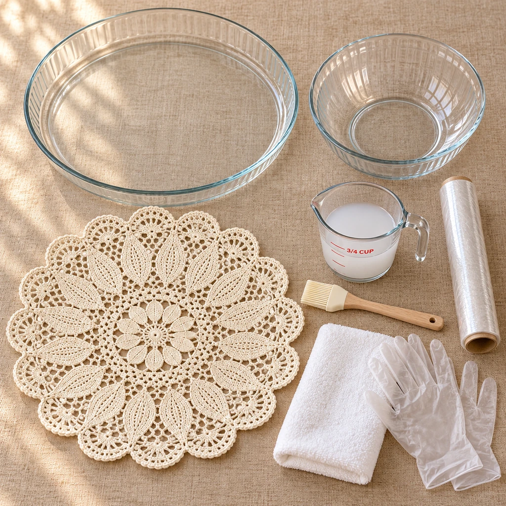 Fourteen-inch cotton doily inside a fifteen-inch soaking dish beside an eight-inch wrapped glass mold