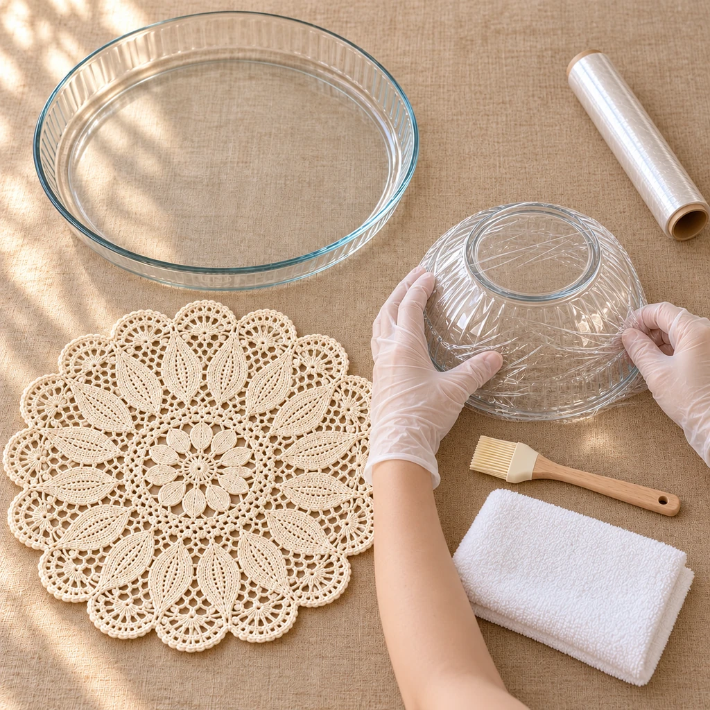 Flat dry cotton doily beside a smaller inverted glass mold being fully covered with plastic wrap