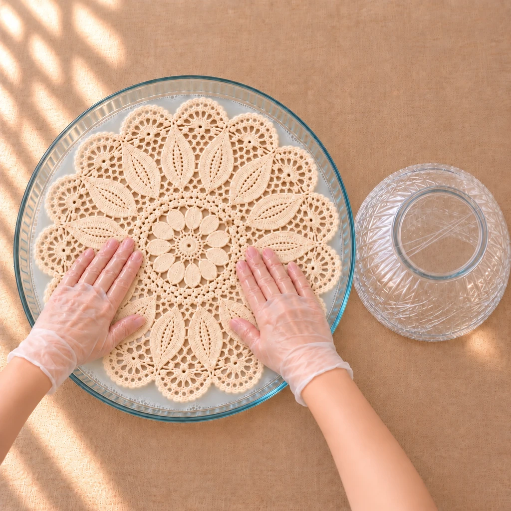 Fourteen-inch cotton doily soaking in a fifteen-inch dish beside a correctly scaled eight-inch wrapped glass mold