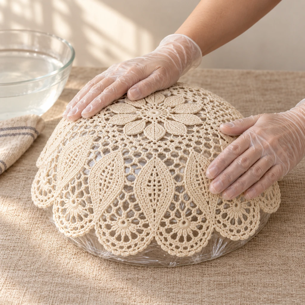 Gloved hands smoothing a wet lace doily evenly over a fully plastic-wrapped inverted glass bowl
