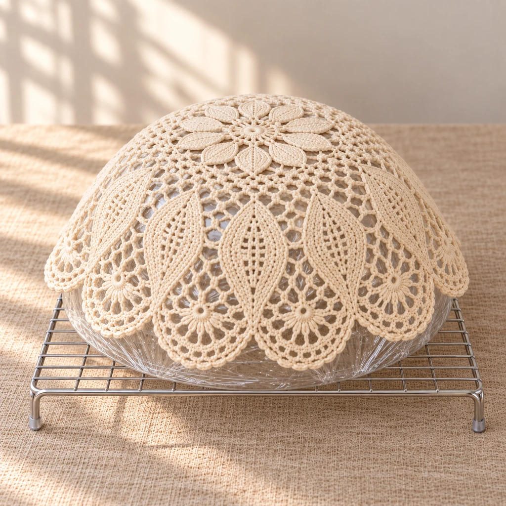 Wet lace doily drying over an inverted plastic-wrapped glass mold supported on a low cooling rack