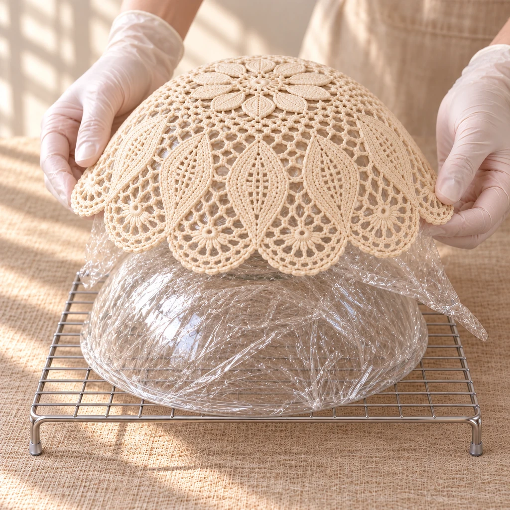 Two gloved hands lifting a rigid lace shell upward from the outside of an inverted plastic-wrapped glass mold