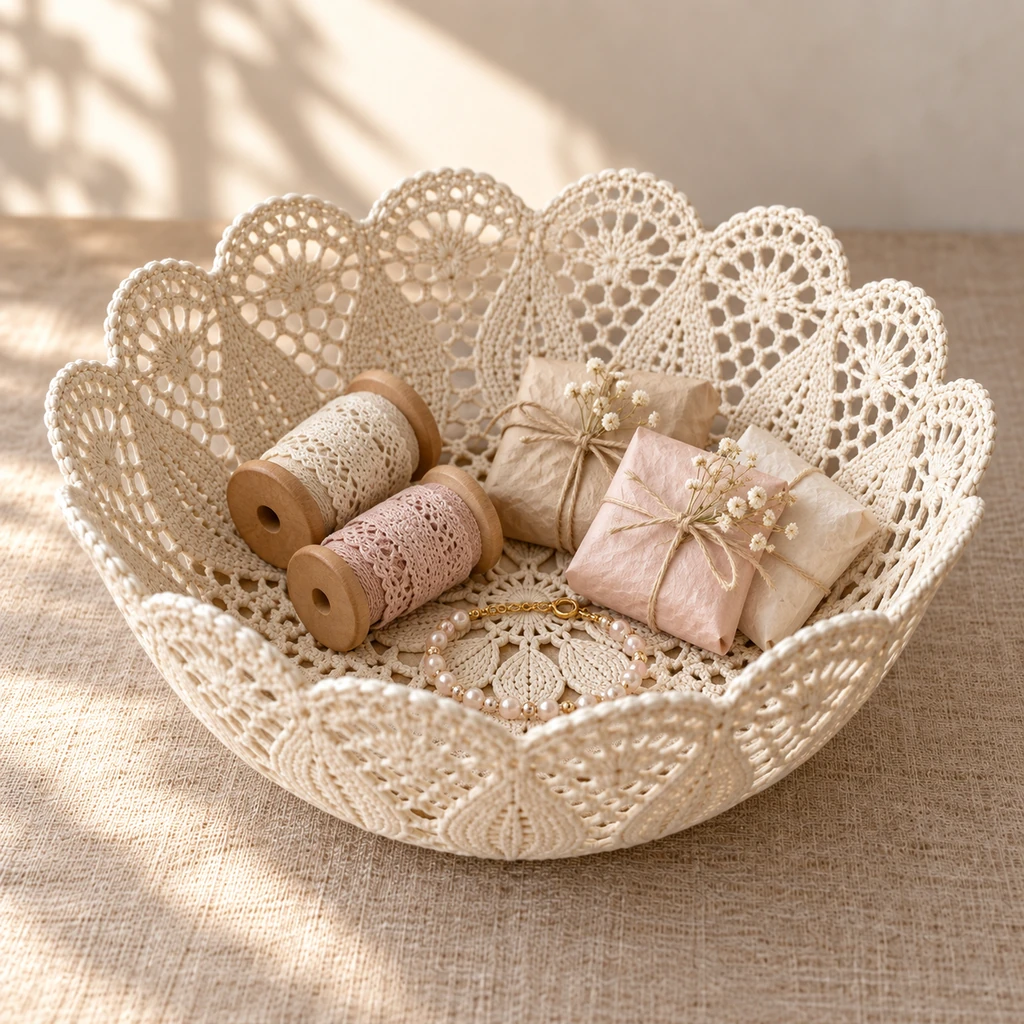 Finished ivory lace doily bowl holding lightweight thread spools wrapped favors and a bracelet