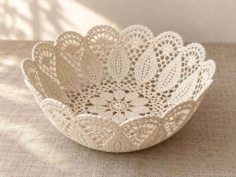 Finished ivory stiffened lace doily bowl with an even scalloped rim