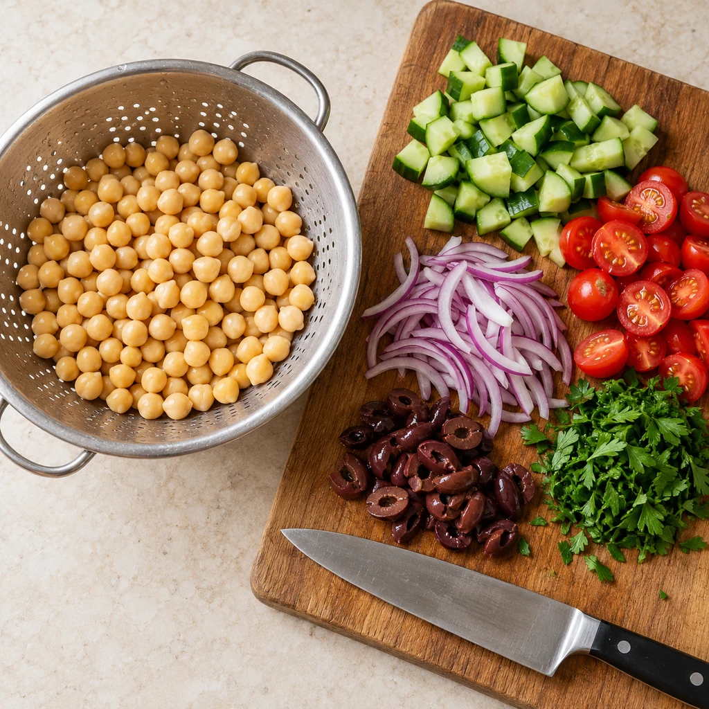 Rinsed chickpeas drying in a colander beside diced cucumber, halved tomatoes and sliced red onion