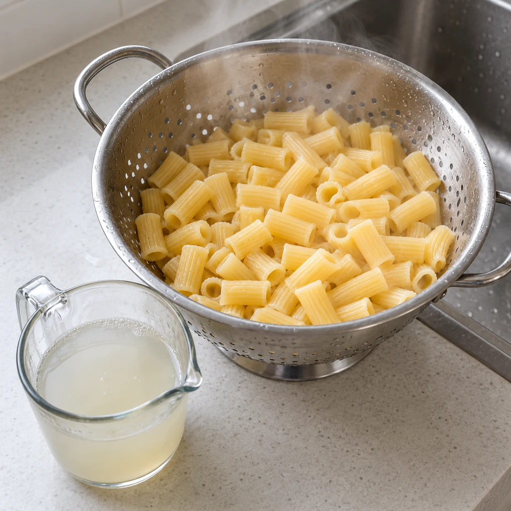 Hot cooked rigatoni draining beside a measuring cup of reserved pasta water