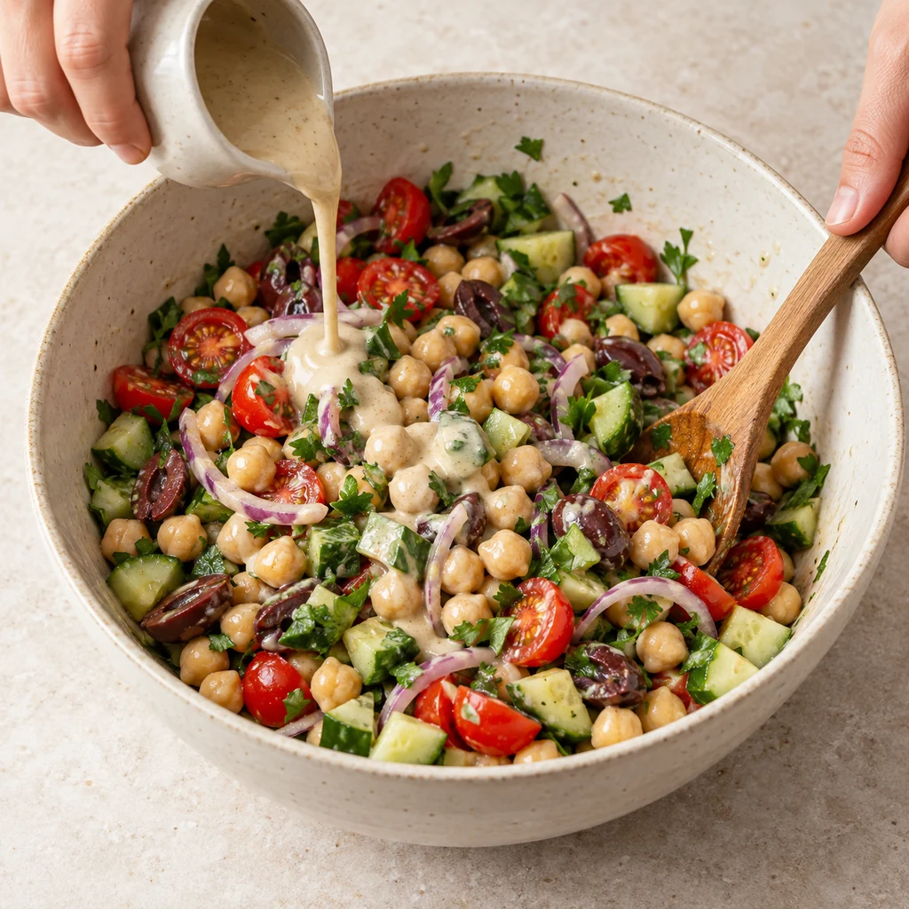 Creamy lemon-tahini dressing being poured over chickpeas and vegetables while the salad is gently tossed