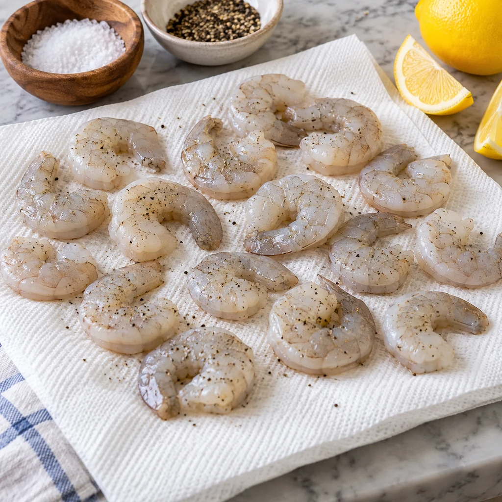 Raw peeled shrimp drying on paper towels with salt, pepper and lemon nearby