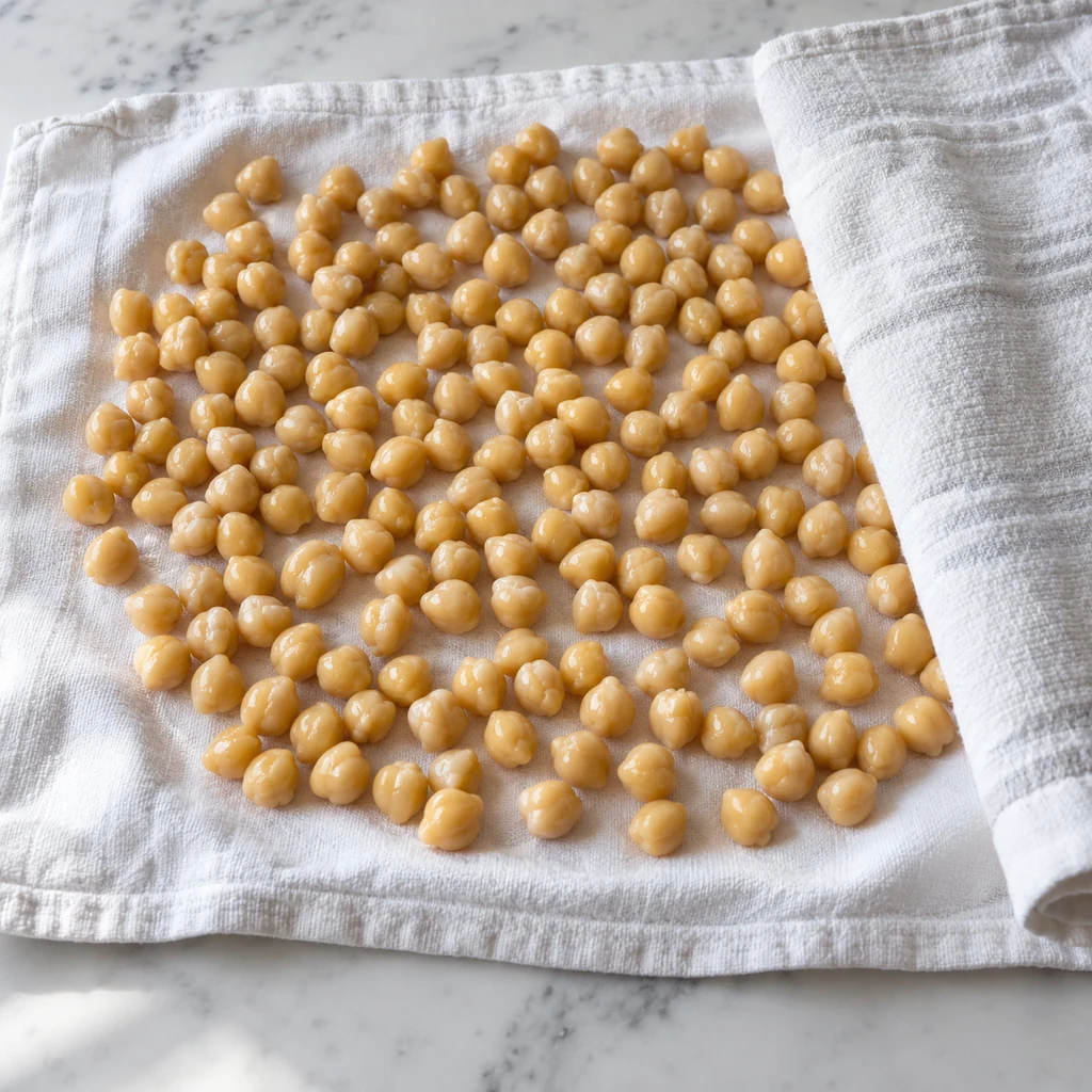 Rinsed chickpeas spread on a clean cotton towel to dry