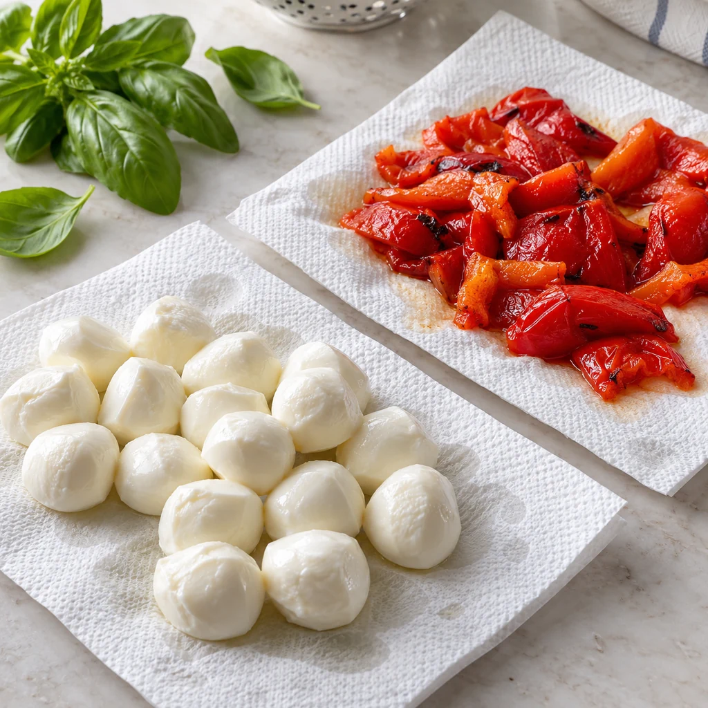 Fresh mozzarella balls and roasted red pepper pieces drying on separate paper towels
