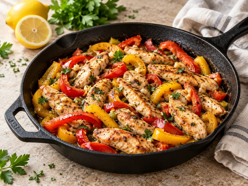 Golden chicken sauté with red and yellow bell peppers, lemon and parsley