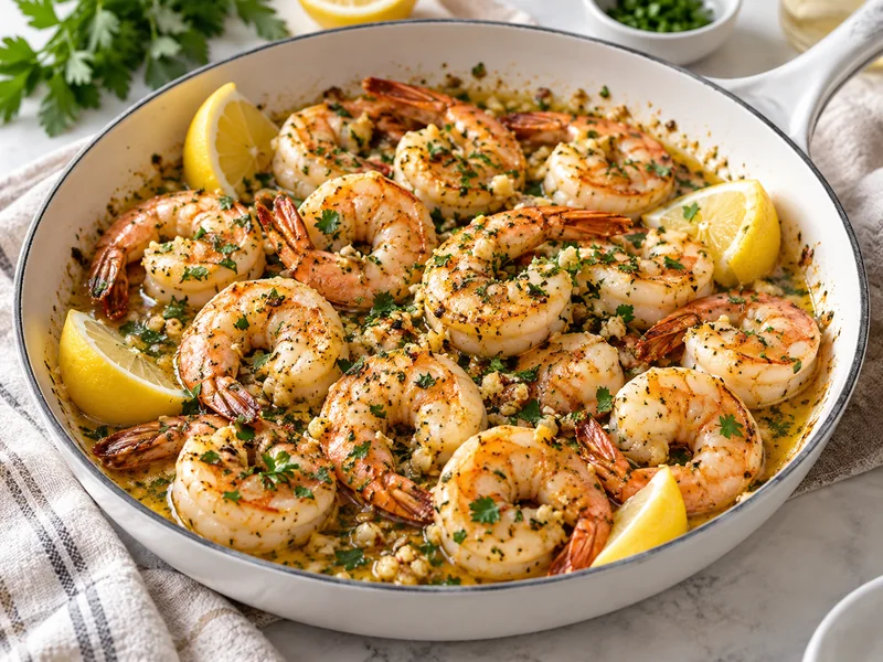 Skillet of garlic butter shrimp with parsley and fresh lemon wedges