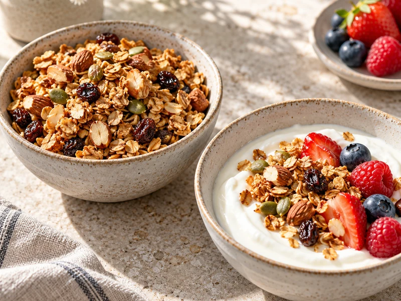 Homemade granola beside yogurt topped with granola and fresh berries