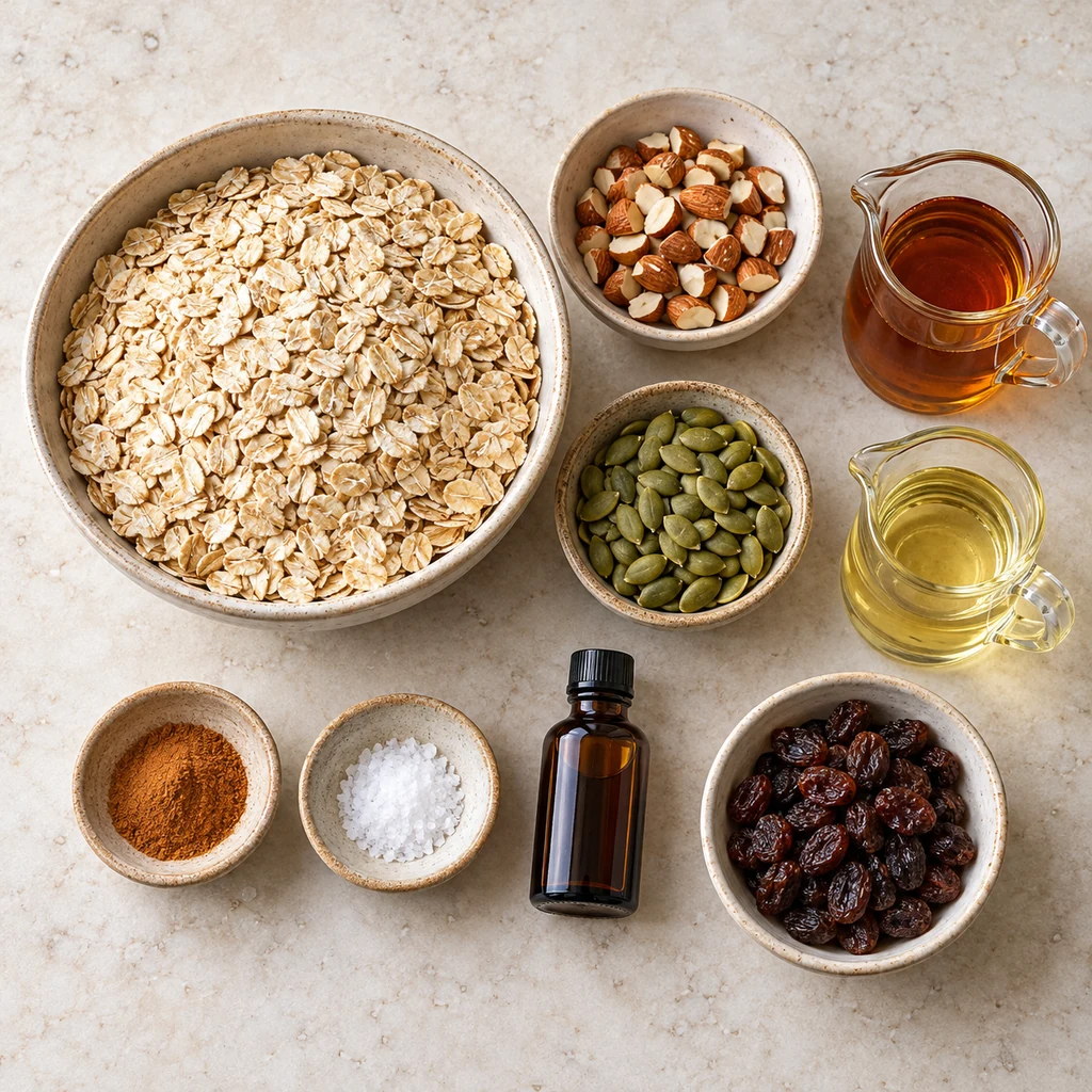 Rolled oats, chopped almonds, pumpkin seeds, maple syrup, oil, cinnamon, vanilla and raisins for granola