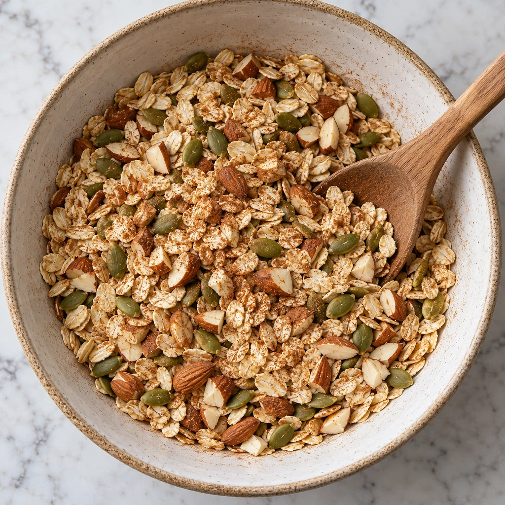 Dry rolled oats, chopped almonds and pumpkin seeds mixed with cinnamon in a bowl