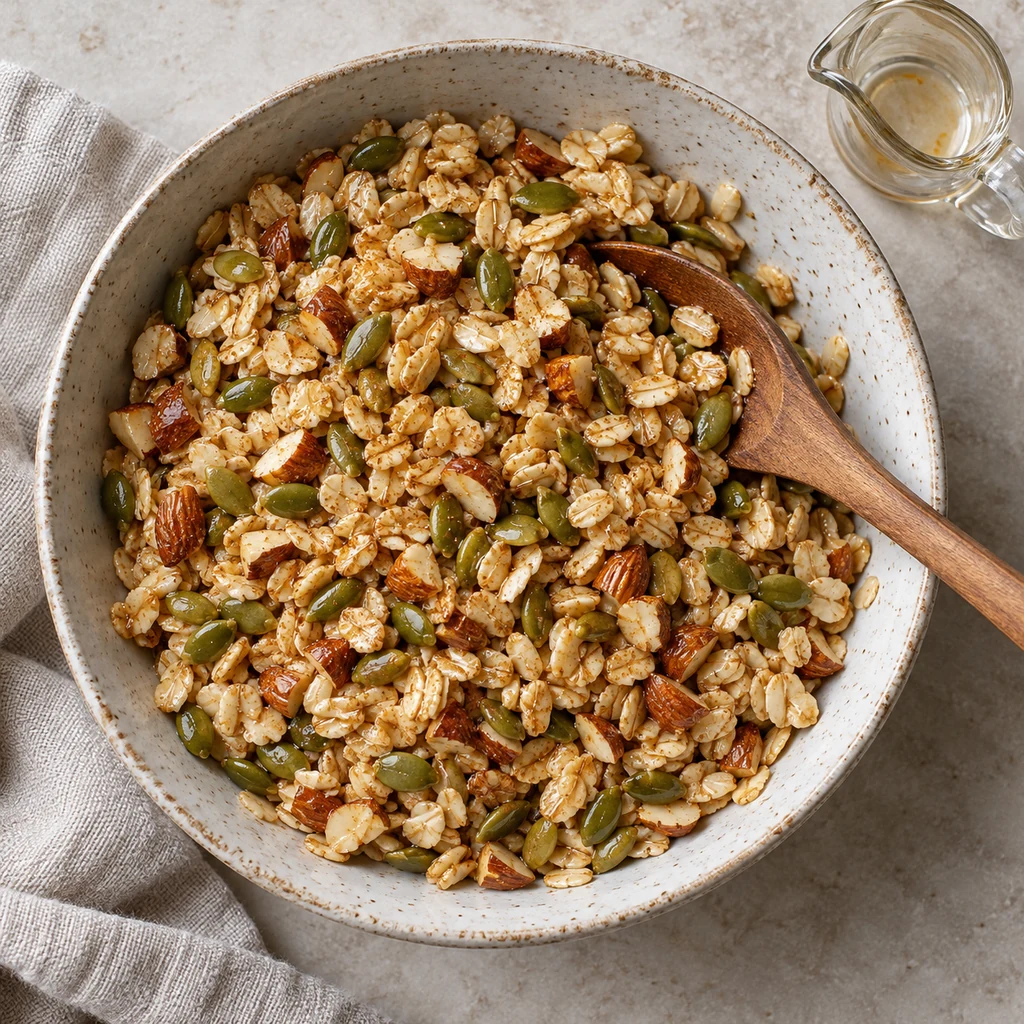 Oats, chopped almonds and pumpkin seeds evenly coated with maple syrup mixture in a bowl