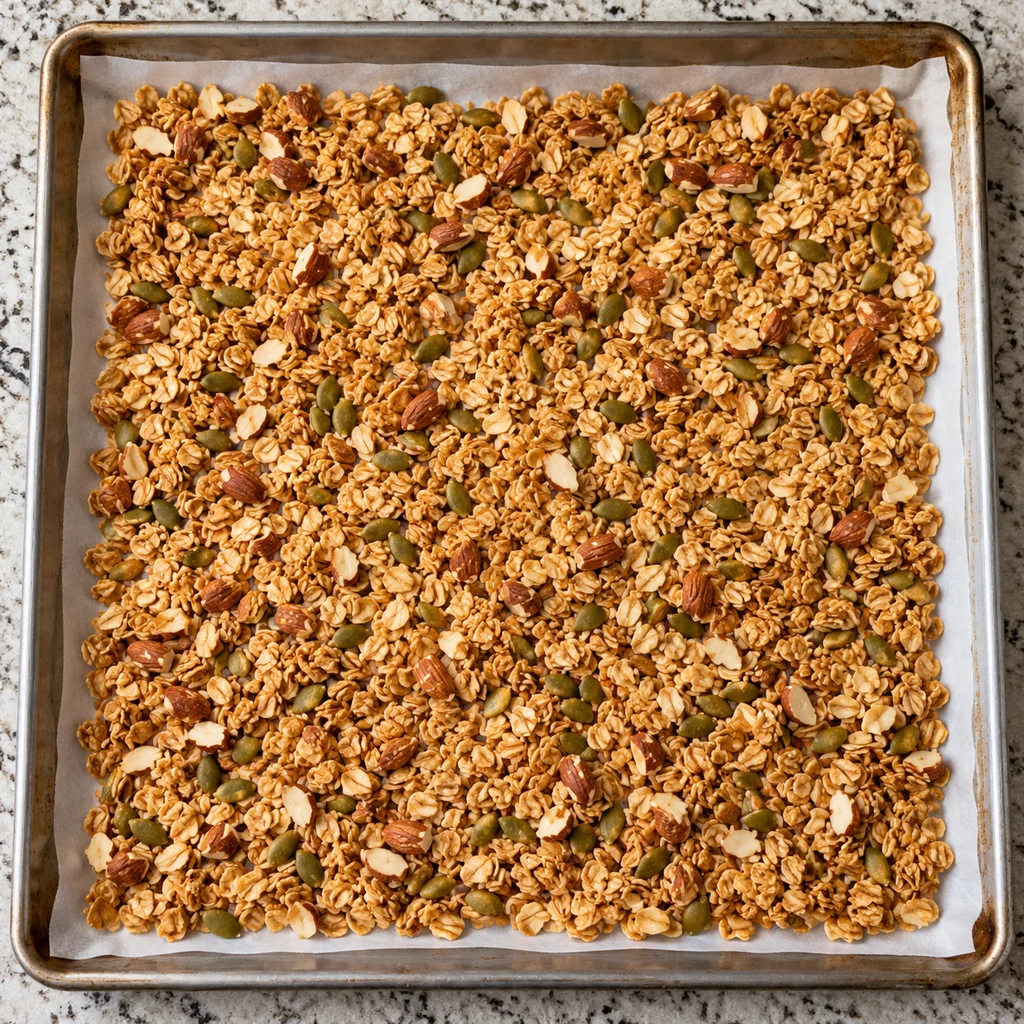 Golden oat and almond granola spread in an even layer on a parchment-lined baking sheet