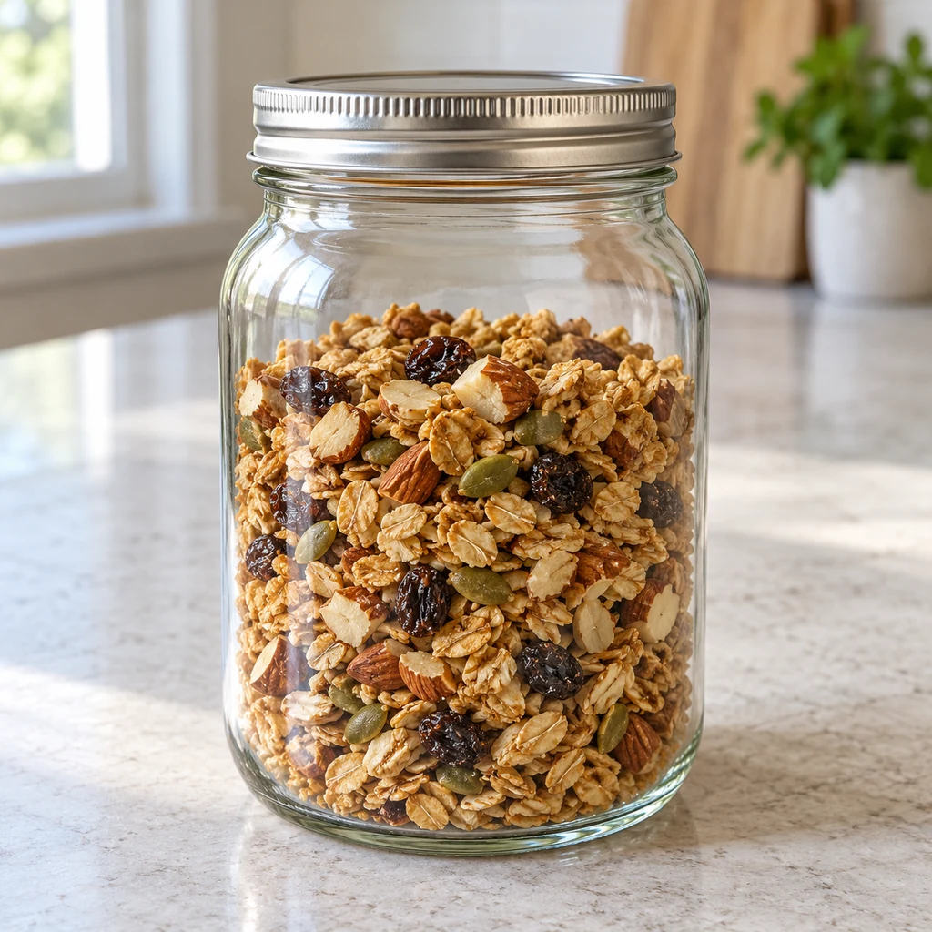 Cooled golden granola with raisins in a clean airtight glass container