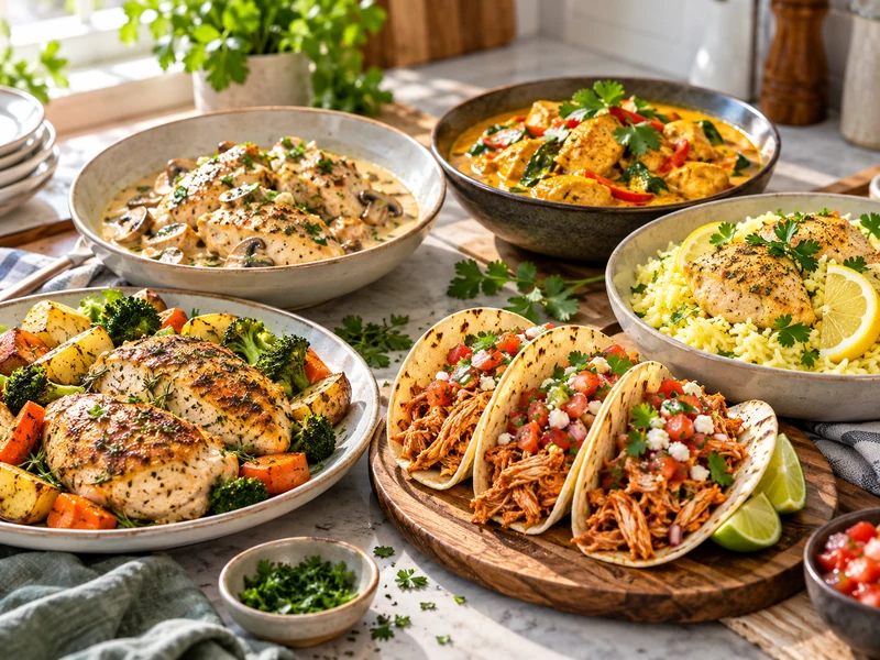 Five finished Instant Pot chicken dinner ideas arranged on a table