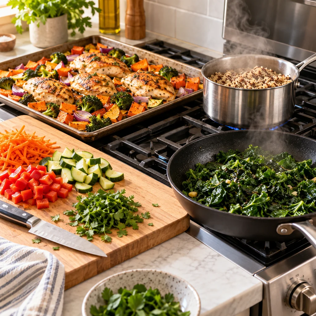 Sheet-pan chicken and vegetables, quinoa, sauteed greens, and chopped vegetables being batch cooked