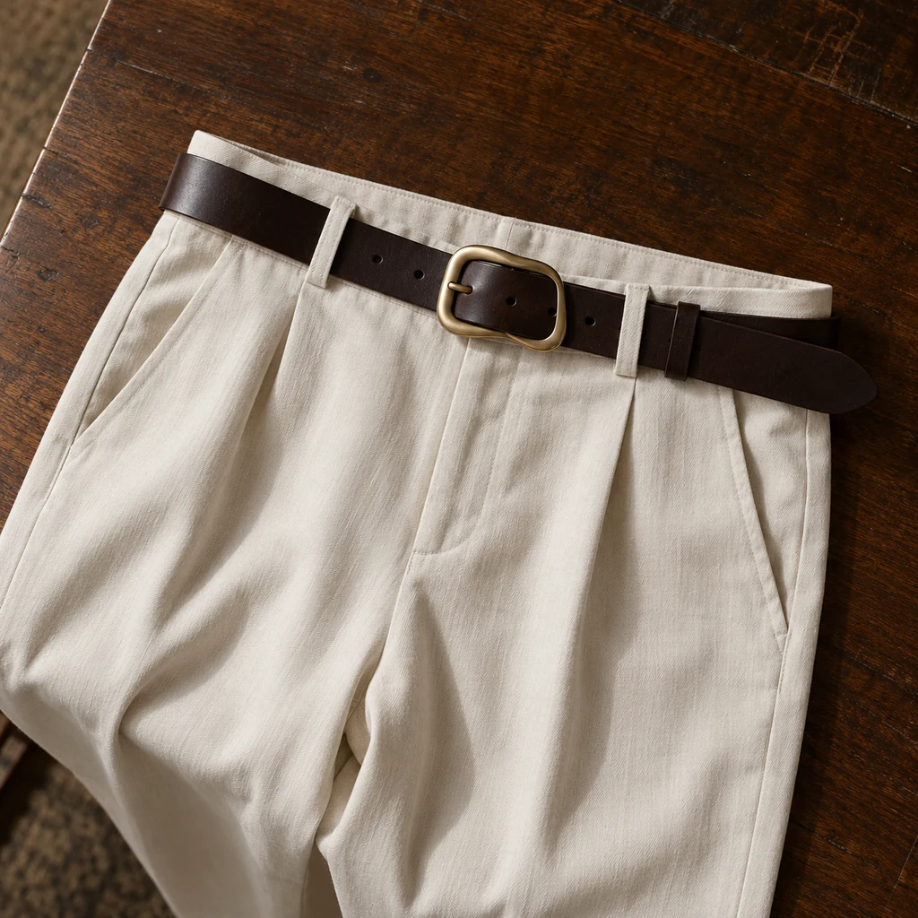 Wide dark leather belt with a sculptural buckle laid across simple trousers