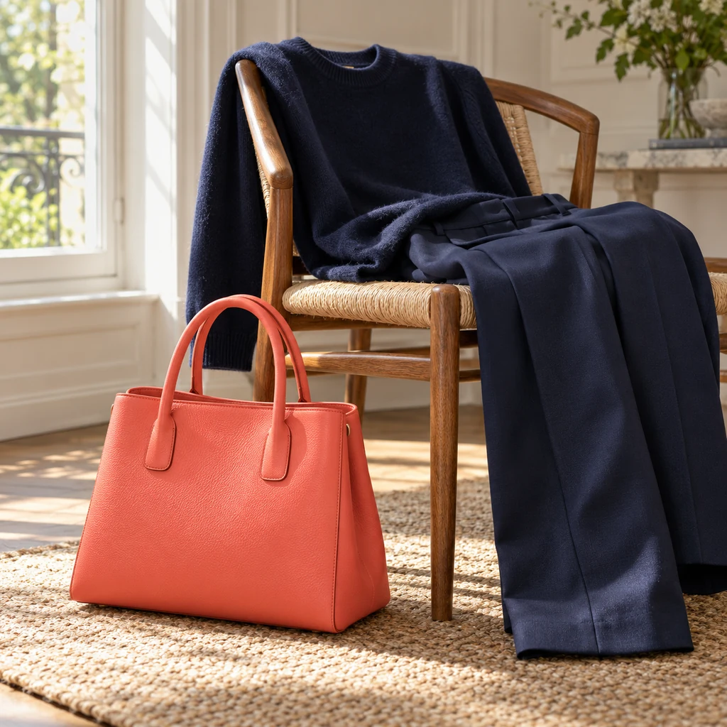 Structured coral handbag beside a simple navy outfit