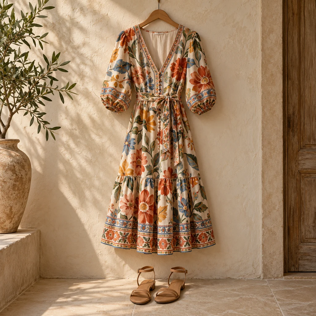 Colorful patterned midi dress hanging beside simple neutral sandals