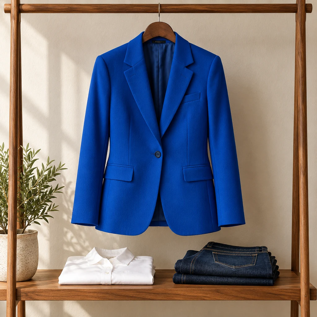 Bright cobalt blazer hanging above a simple white shirt and dark jeans