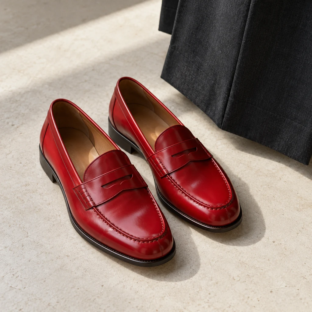 Matching pair of red loafers beside plain dark trousers