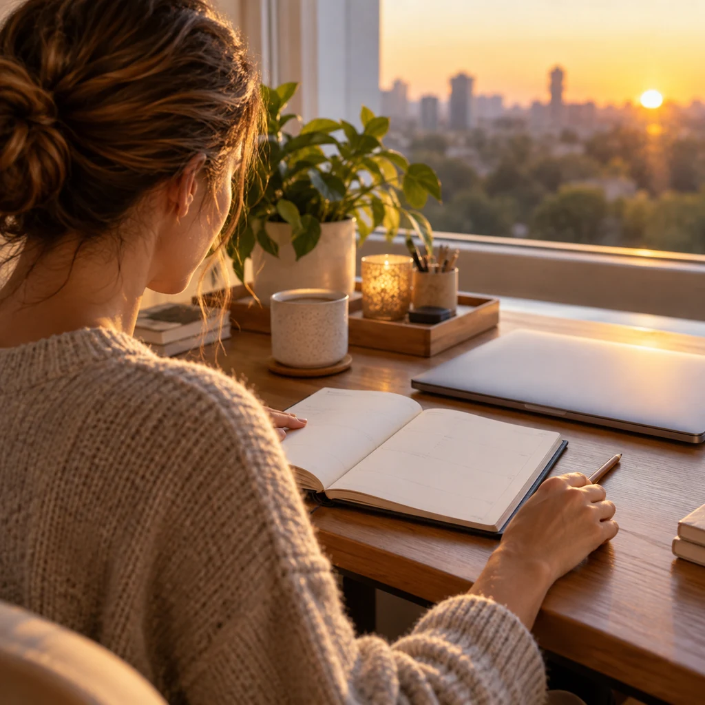 Woman reviewing a blank planner beside a closed laptop at sunset