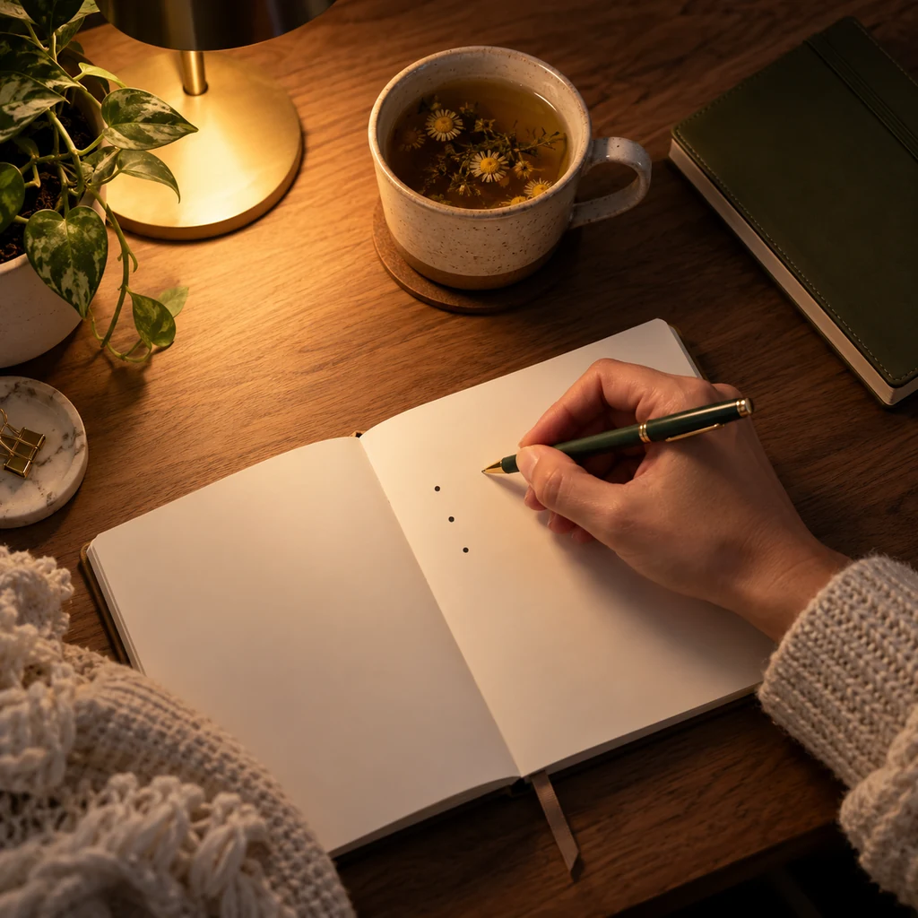 Open evening journal beside a pen and a cup of caffeine-free herbal tea