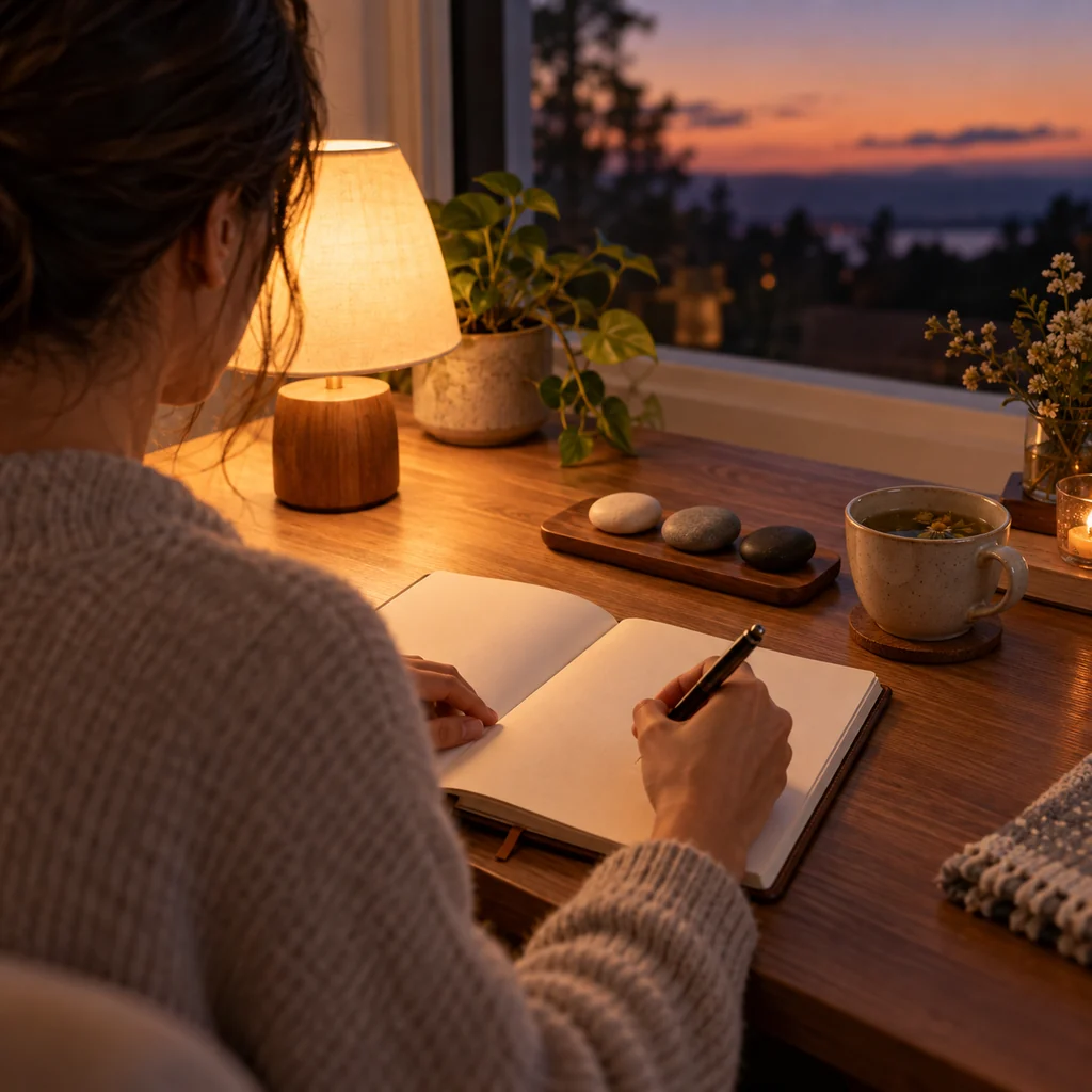 Woman writing in a blank journal at dusk beside tea, a small lamp, and three smooth stones