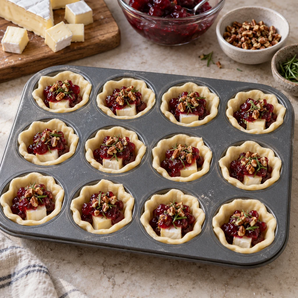 Twelve raw puff pastry cups filled with brie, thick cranberry sauce, chopped pecans and rosemary