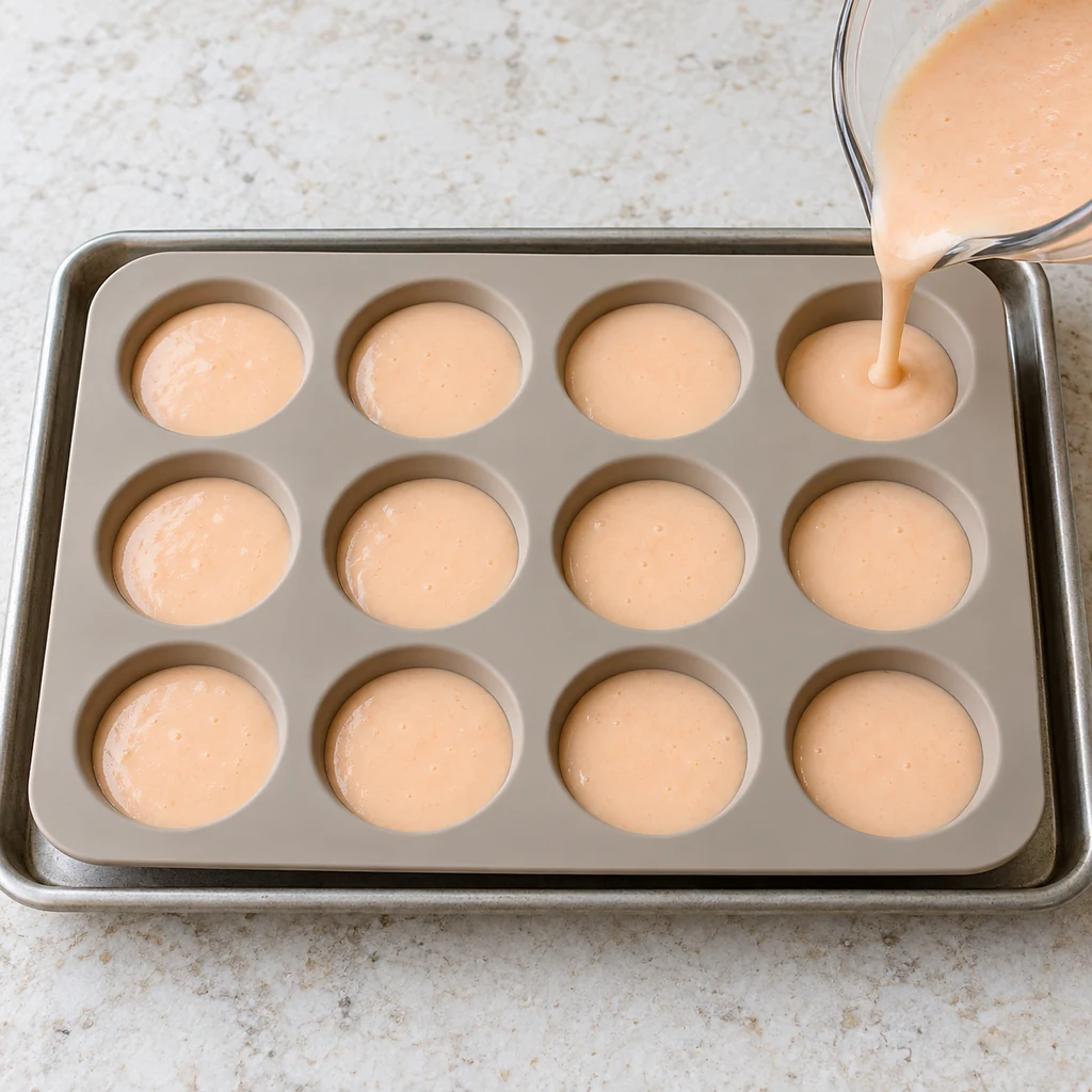 Creamy peach coconut mixture being poured into twelve silicone mini muffin wells