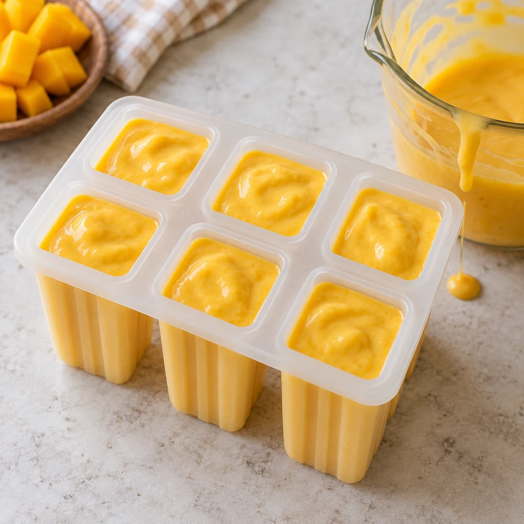 Creamy mango yogurt mixture divided evenly among ice pop molds