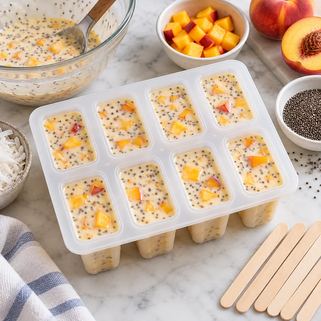Popsicle molds filled with peach coconut chia mixture and diced peaches