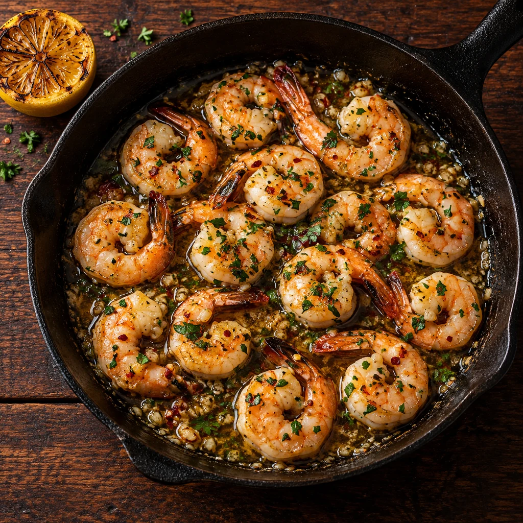 Garlic butter shrimp finished in a cast-iron skillet with parsley, chile and charred lemon