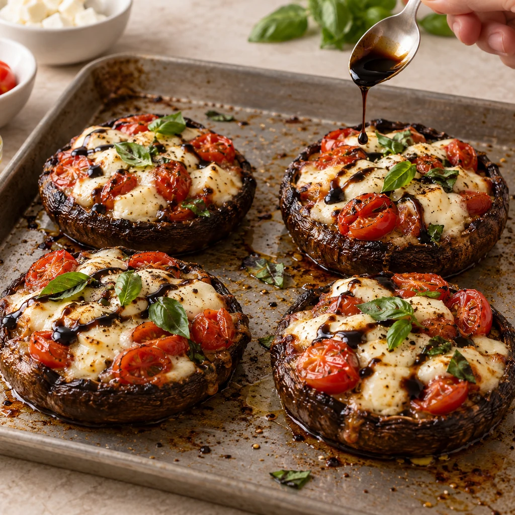 Baked Caprese portobello mushrooms on their tray finished with thin balsamic drizzle and fresh basil leaves