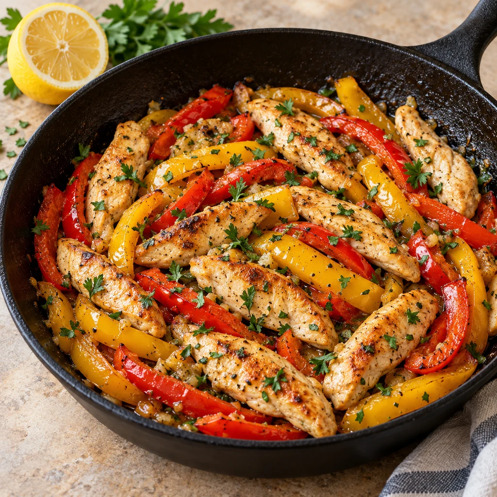 Finished lemon chicken sauté with red and yellow bell peppers and parsley