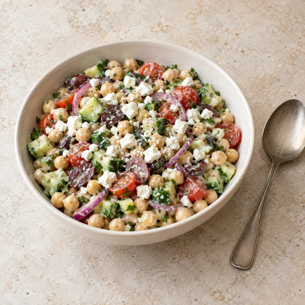 Finished Mediterranean chickpea salad with tahini-coated vegetables, feta crumbles and parsley in a serving bowl
