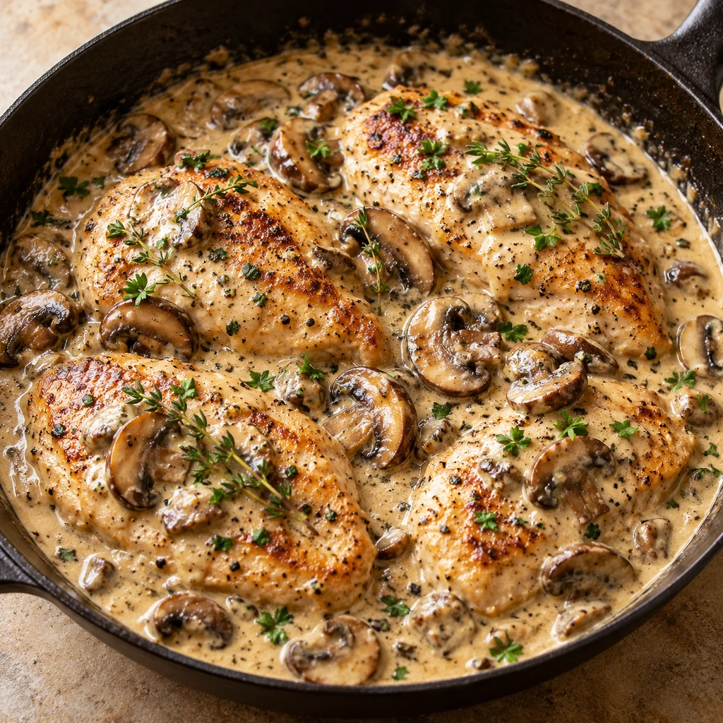 Golden chicken breasts finished in creamy mushroom sauce with parsley and thyme