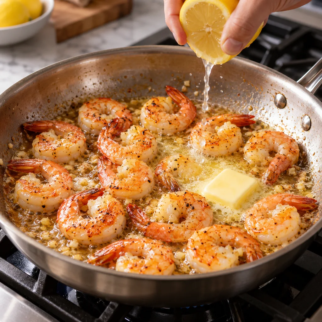 Lemon juice and butter being added to just-cooked shrimp in a skillet