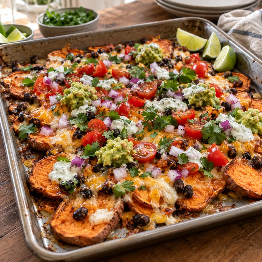 Finished loaded sweet potato nachos with tomatoes, red onion, cilantro, guacamole and lime crema